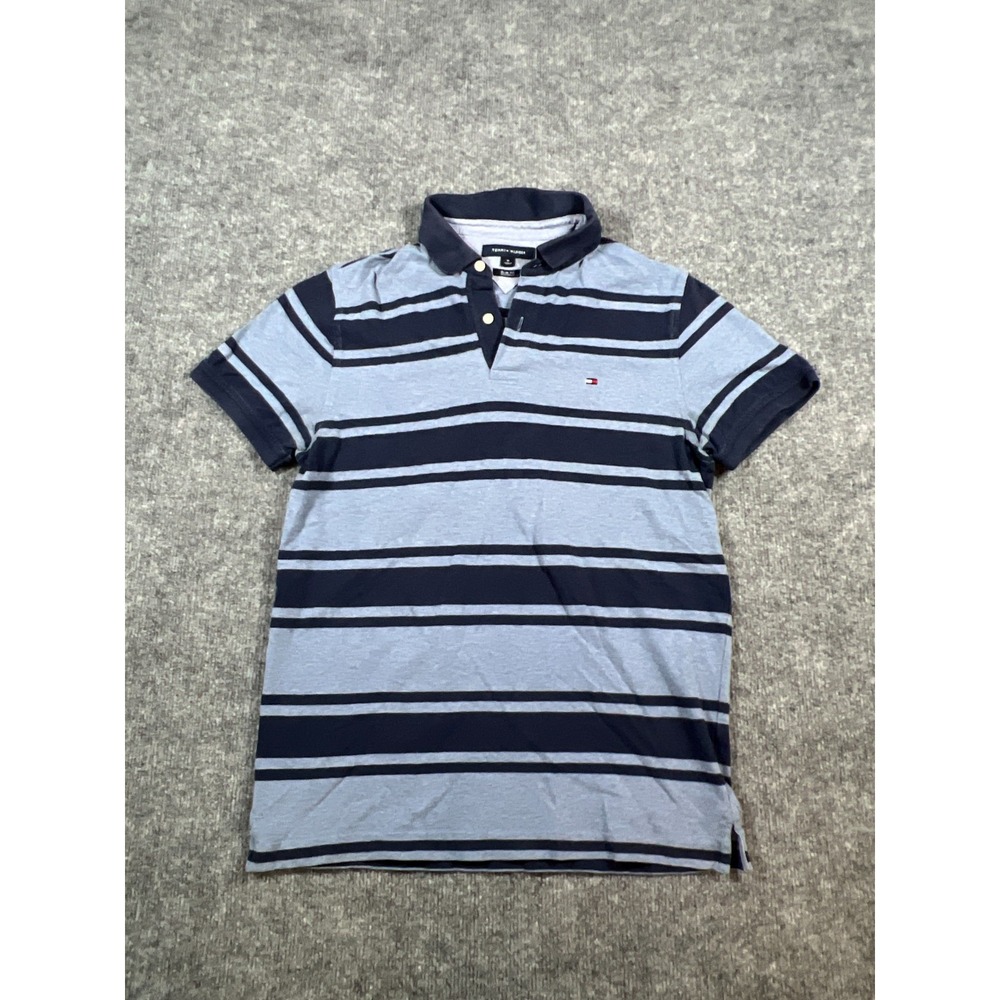Tommy Hilfiger Polo Shirt Mens Medium Blue Striped Slim Fit Golf Tennis Sports
